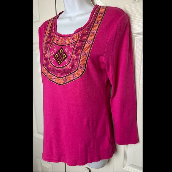 TORY BURCH Embroidered Shirt Top Blouse Pink Orange Brown Bid Front Tee Knit - Picture 2 of 9